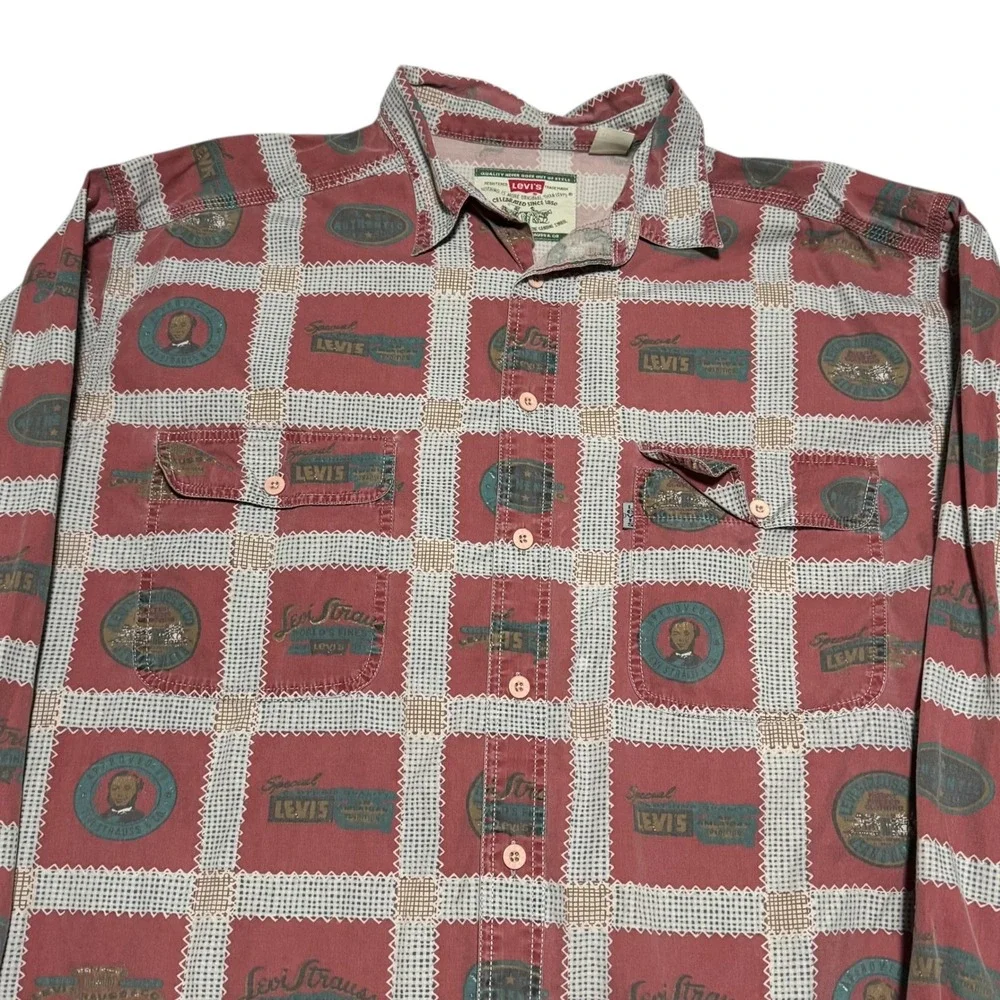 Vintage Levi's Cotton Logo All Over Print Casual Button Up Shirt Men's‎ XL FLAW